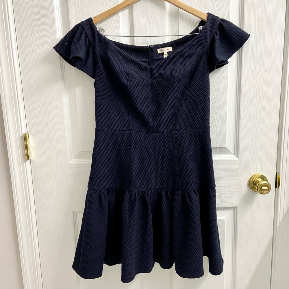 Rebecca Taylor Navy Blue Off the Shoulder Tiered Dress 10 Preppy